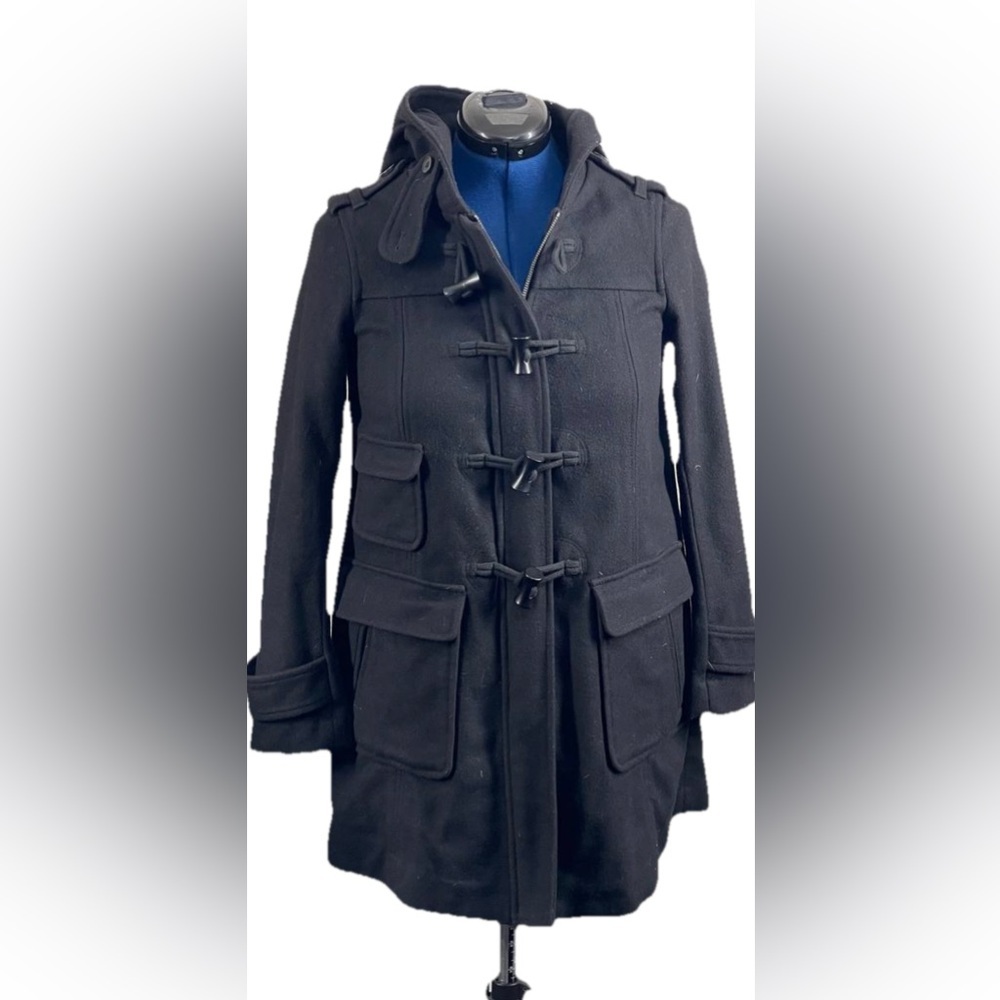 Gap Women Duffle Coat Black Wool Toggles Full Zip Pockets Hooded Long Sleeves XS